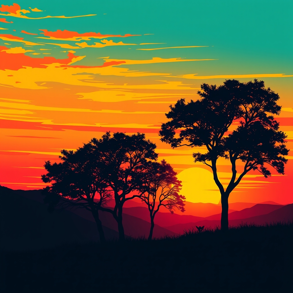 Warm sunset over hills, silhouette trees
