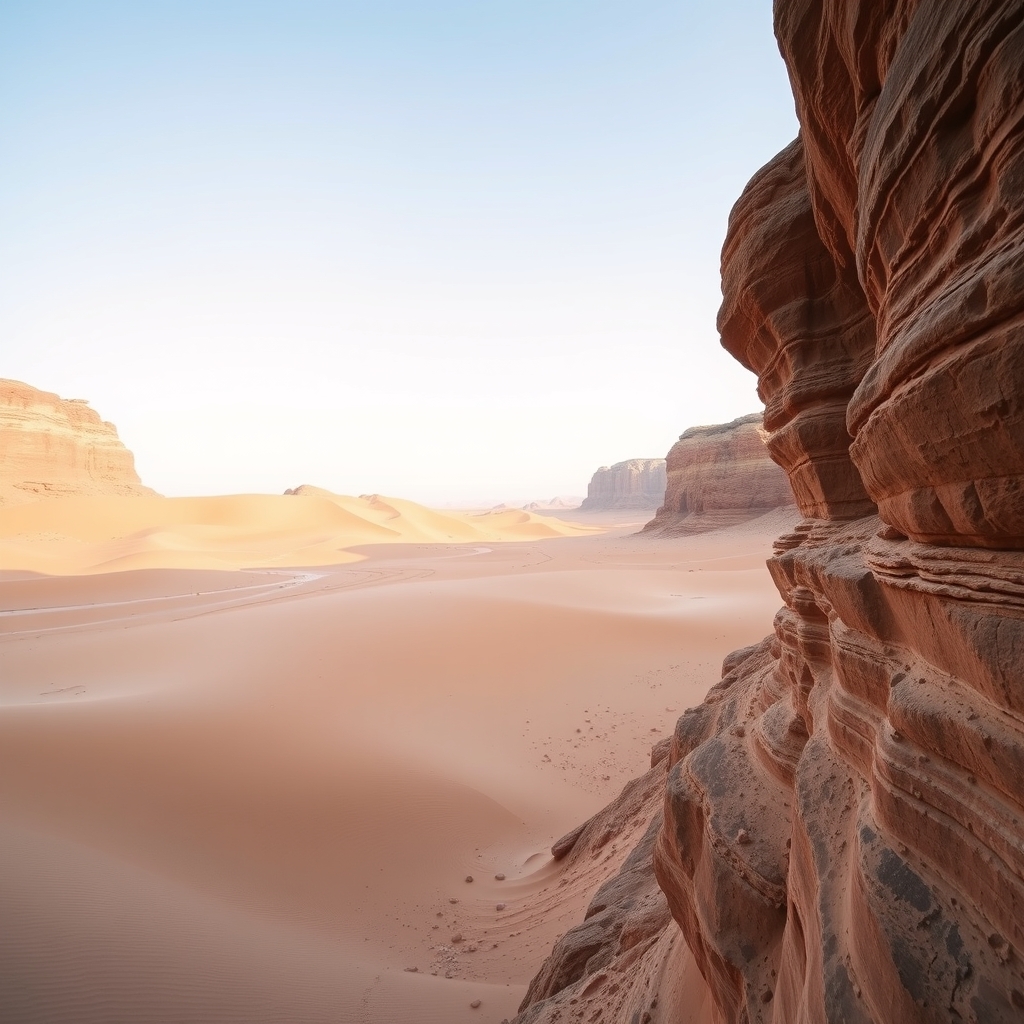 A desert landscape with rocky canyons and sandy dunes under warm morning light.