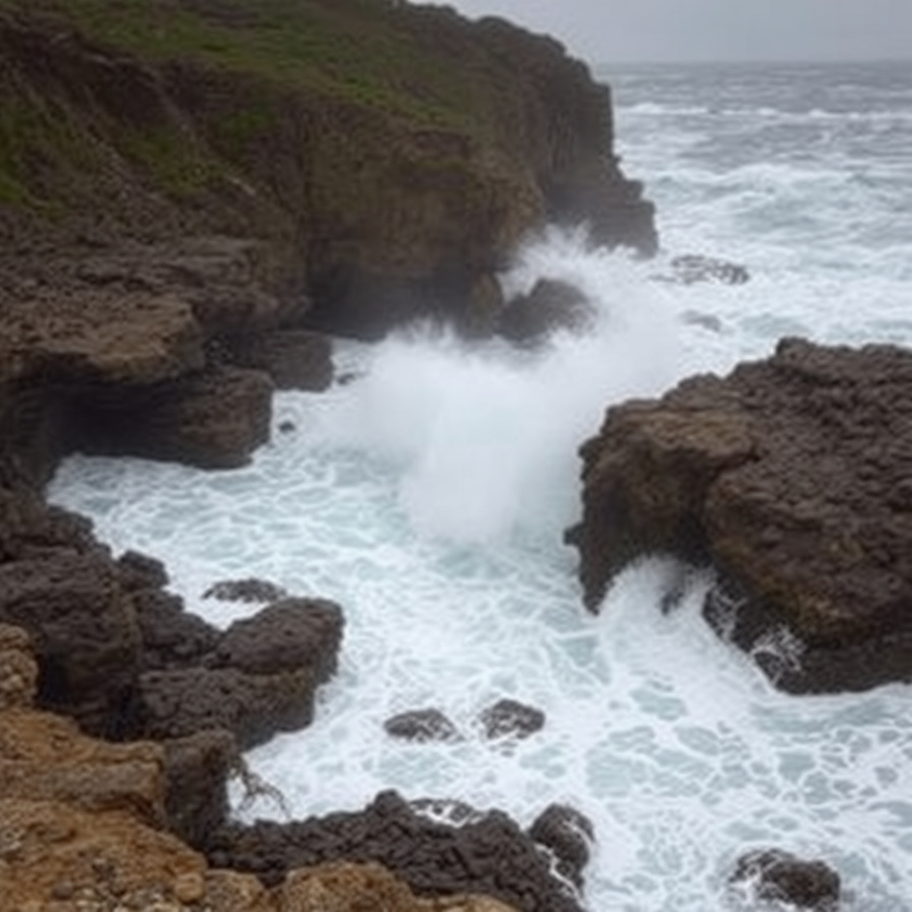 A panoramic view of a rocky shoreline with crashing waves in stormy weather.