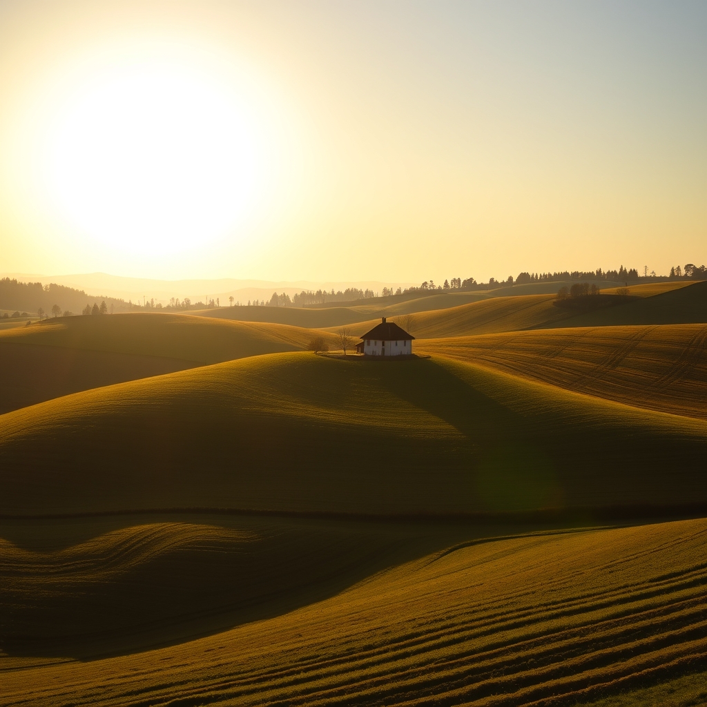 Rolling hills with farmhouse under golden sunrise