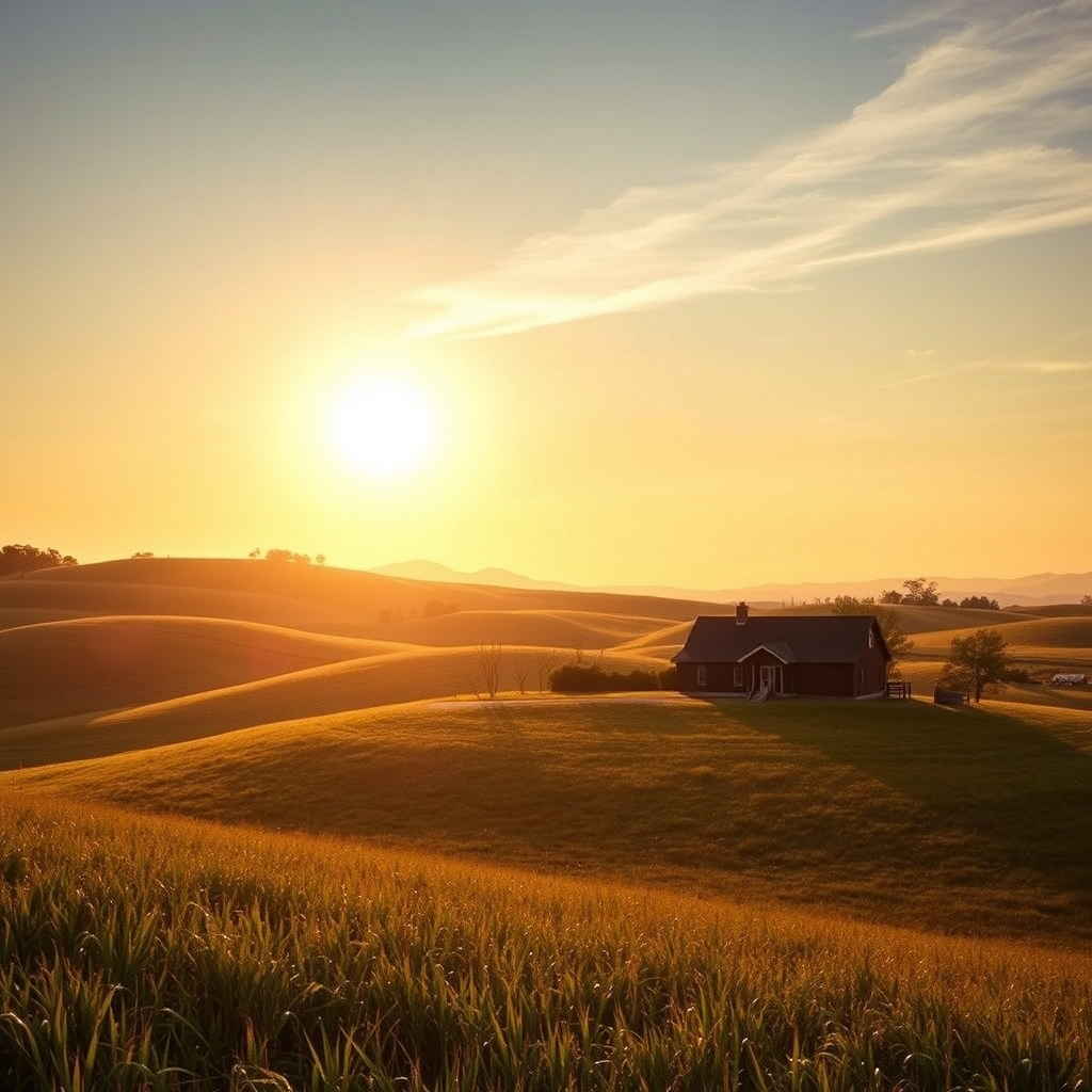 Rolling hills with farmhouse under sunny sky