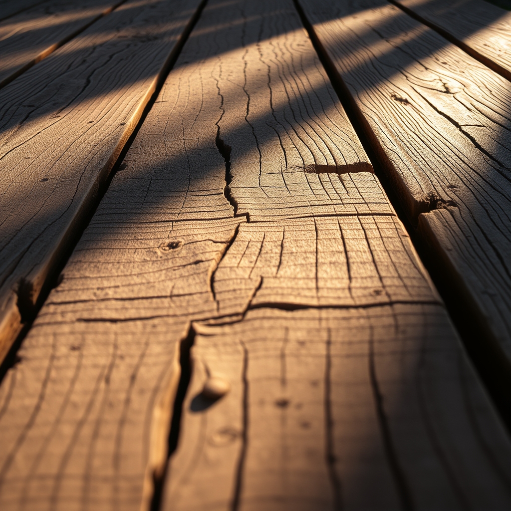 A close-up of rough wooden boards with warm morning light.
