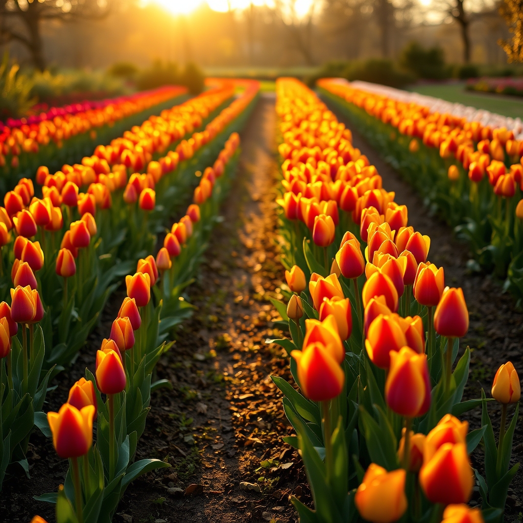 Rows of tulips in a garden at golden hour