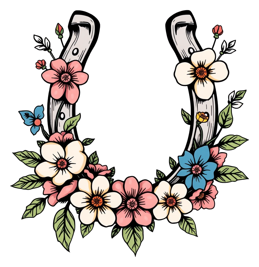 A rustic horseshoe surrounded by colorful flowers on a wooden background, with bold black ink line art and simple shading.