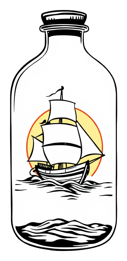 A minimalist illustration of a sailing ship inside a glass bottle, set against a warm and serene sunset backdrop.