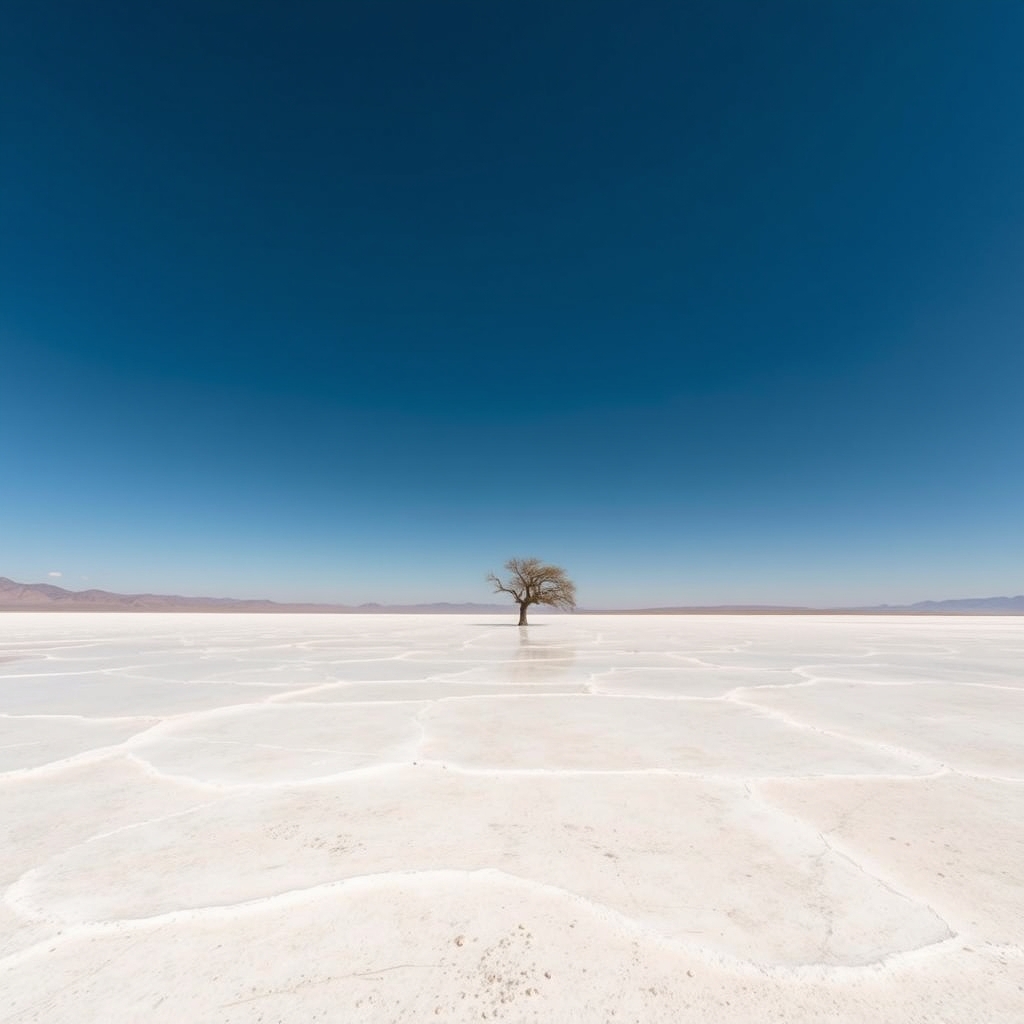 Vast salt flats reflecting a clear blue sky under warm sunlight, with a lone tree in the distance.