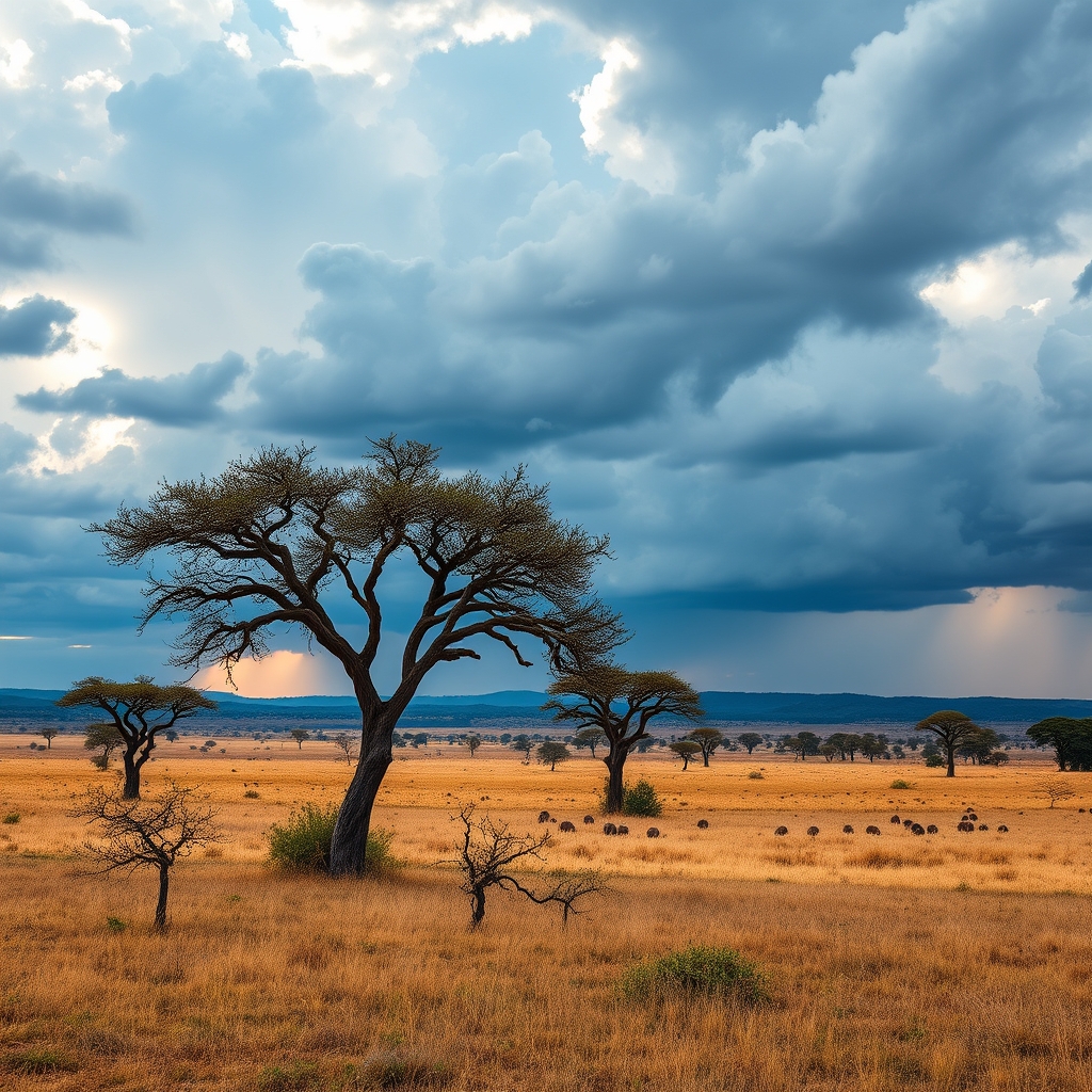 Panoramic savanna with acacia trees, warm sunlight, vast open space. Stormy sky with dramatic clouds.
