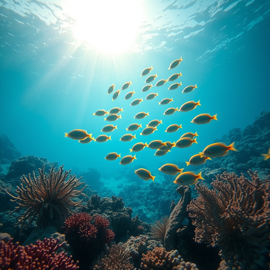 Underwater scene with school of fish in sunlight and coral.