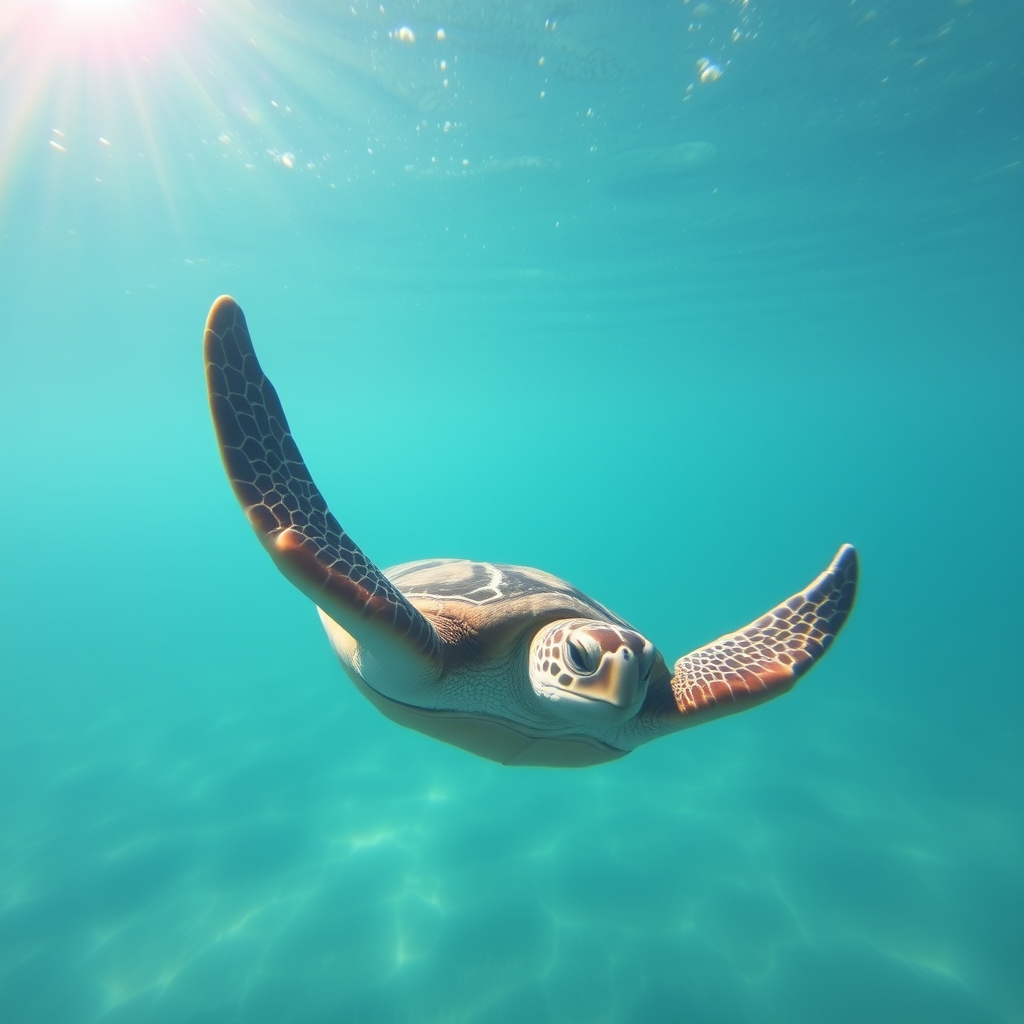 Sea Turtle Swimming in Calm Turquoise Water Below