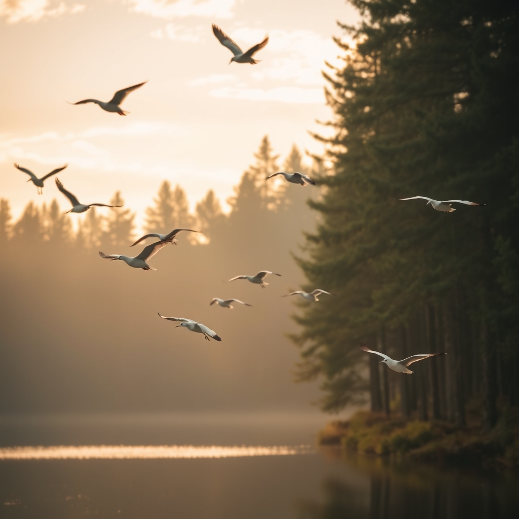 Seagulls flying over a forest lake at dusk with warm sunlight and soft focus.