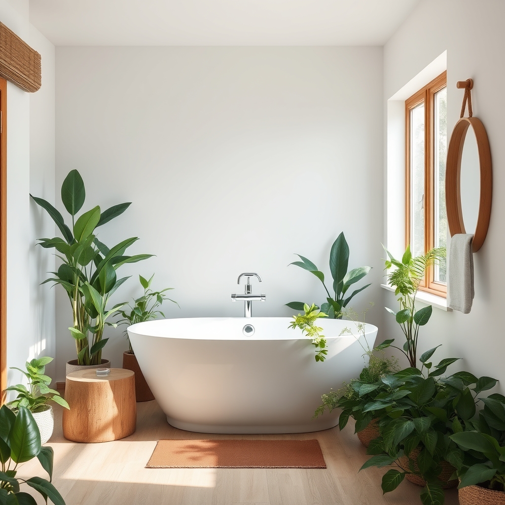 Minimalist bathroom with freestanding tub and plants