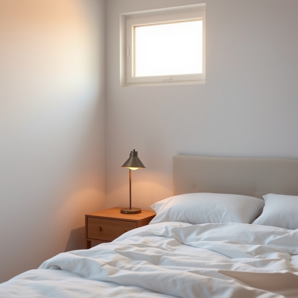 Minimalist bedroom with lamp and natural light at sunrise.