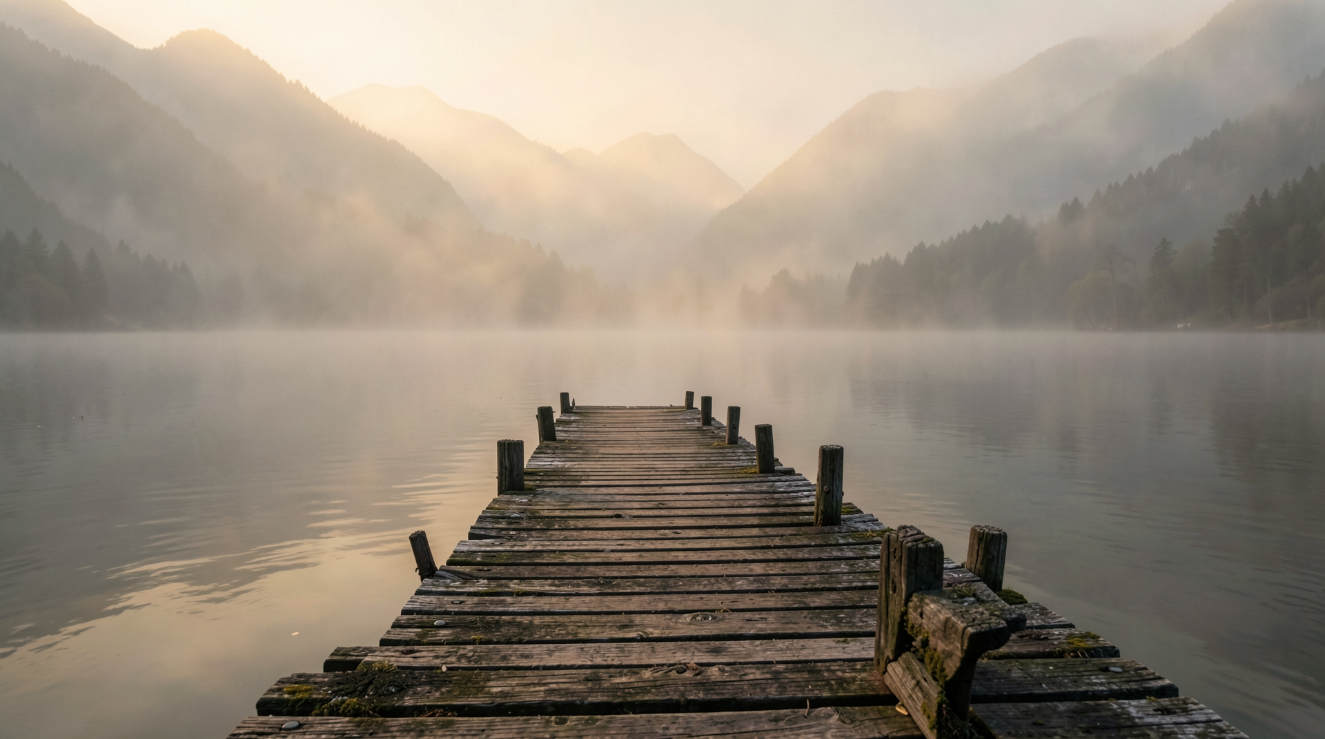 Serene foggy lake with wooden pier