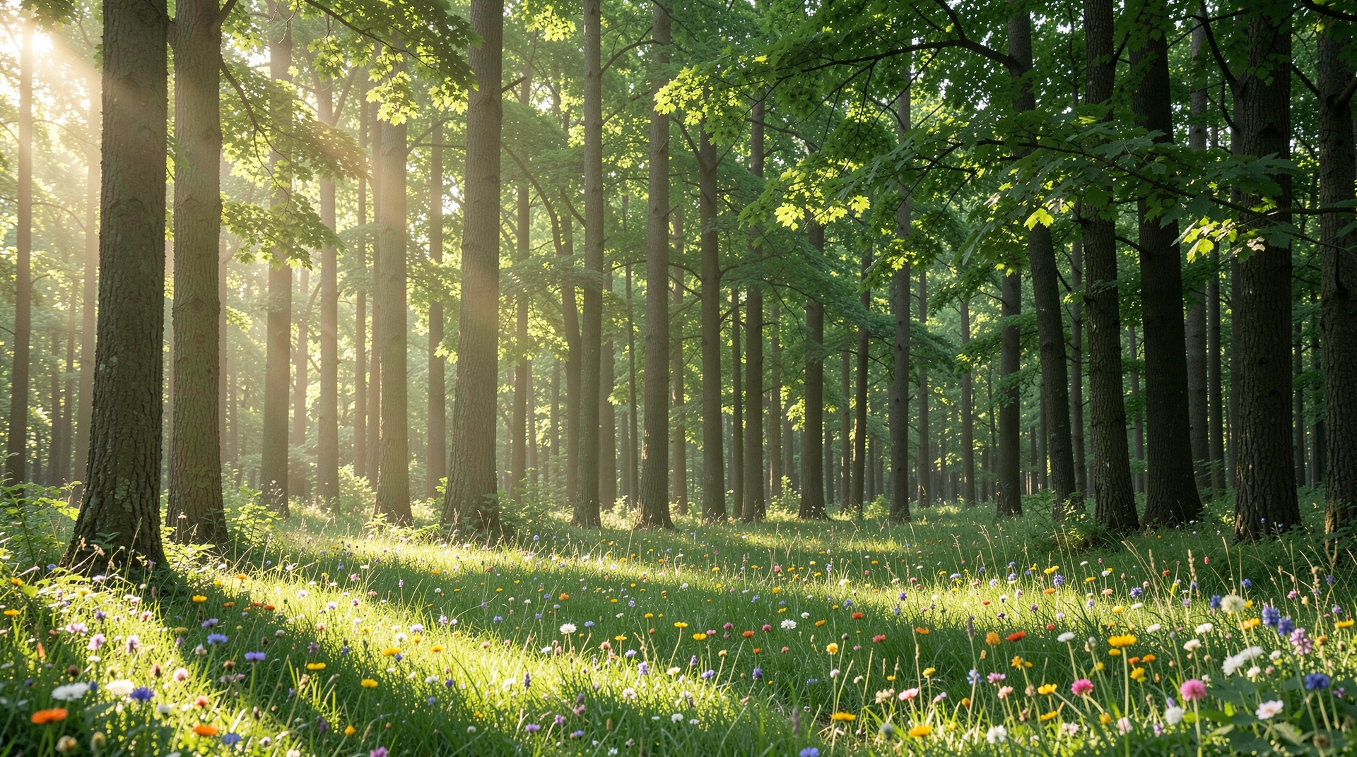 Serene forest with soft sunlight filtering through trees