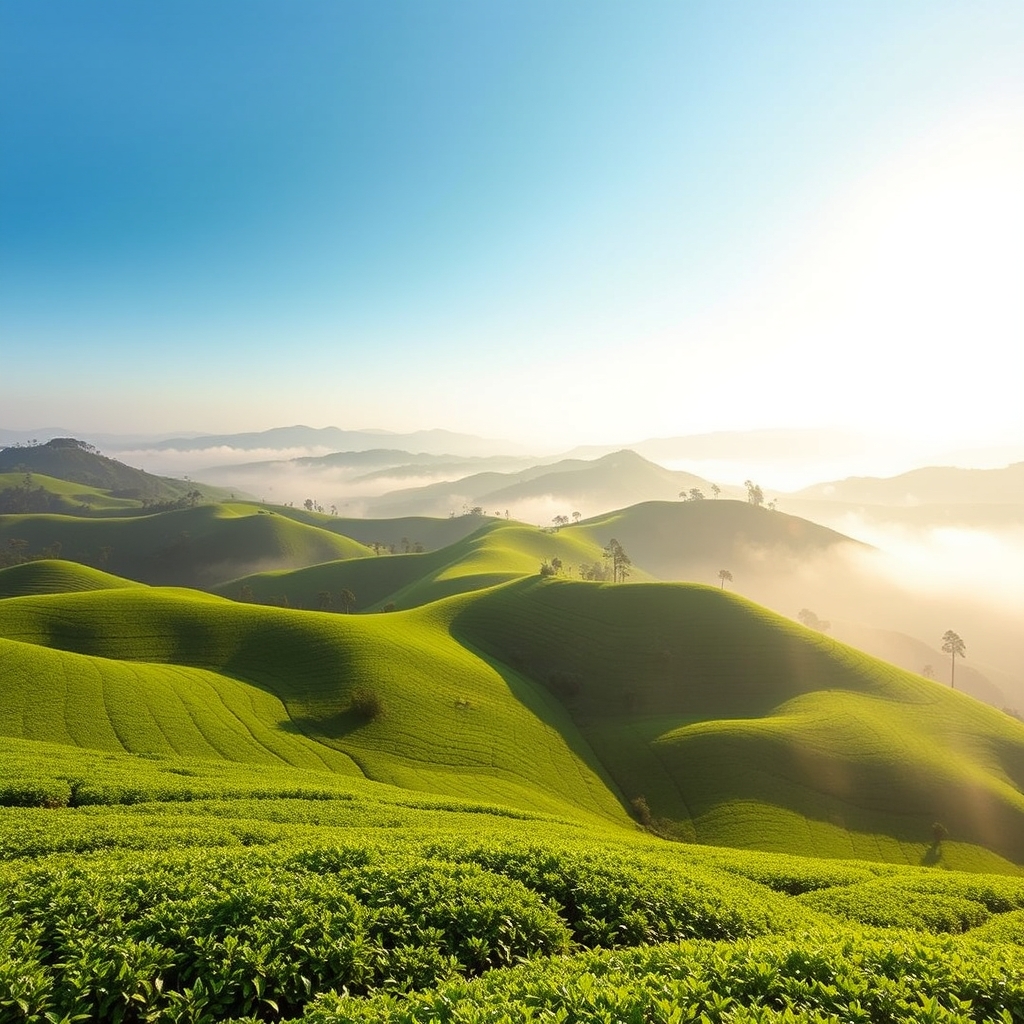 晴天の下に広がる緑の茶畑、パノラマ風景、穏やかな景色、霧に包まれた朝の茶畑