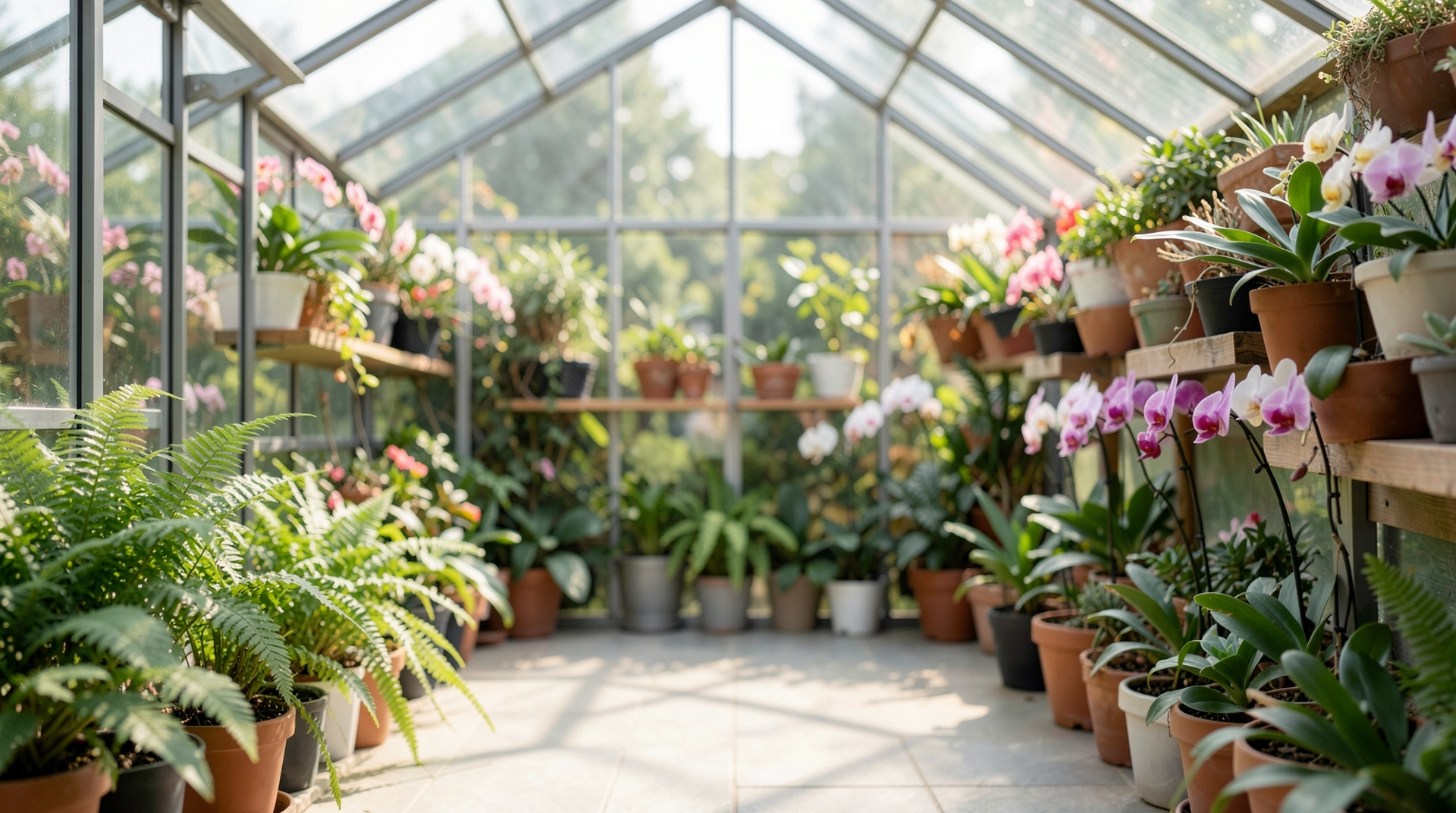 Serene Greenhouse Interior with Blooming Flowers and Natural Light