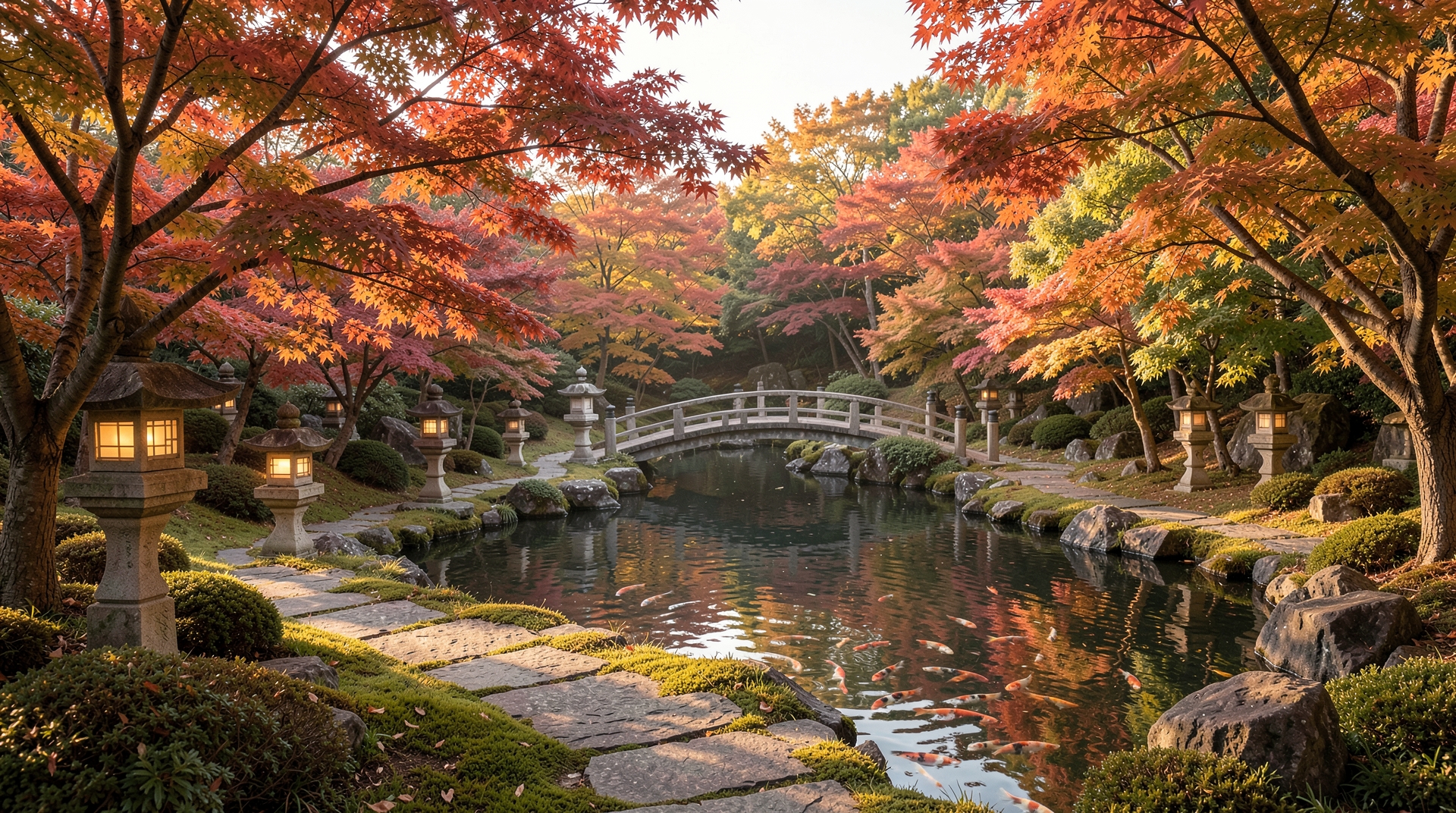 Serene Japanese garden with maple trees