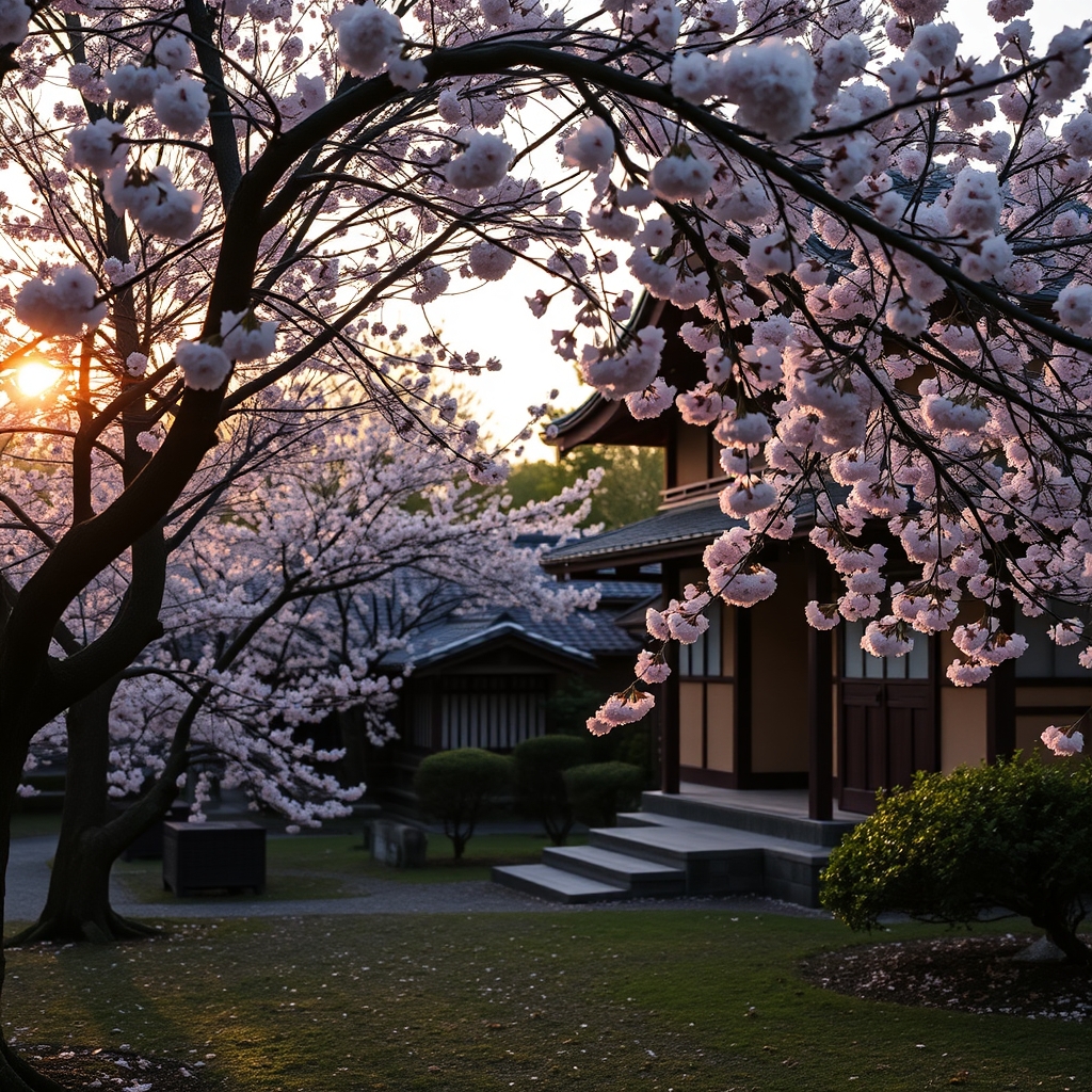 Serene Japanese Garden with Sakura at Sunset