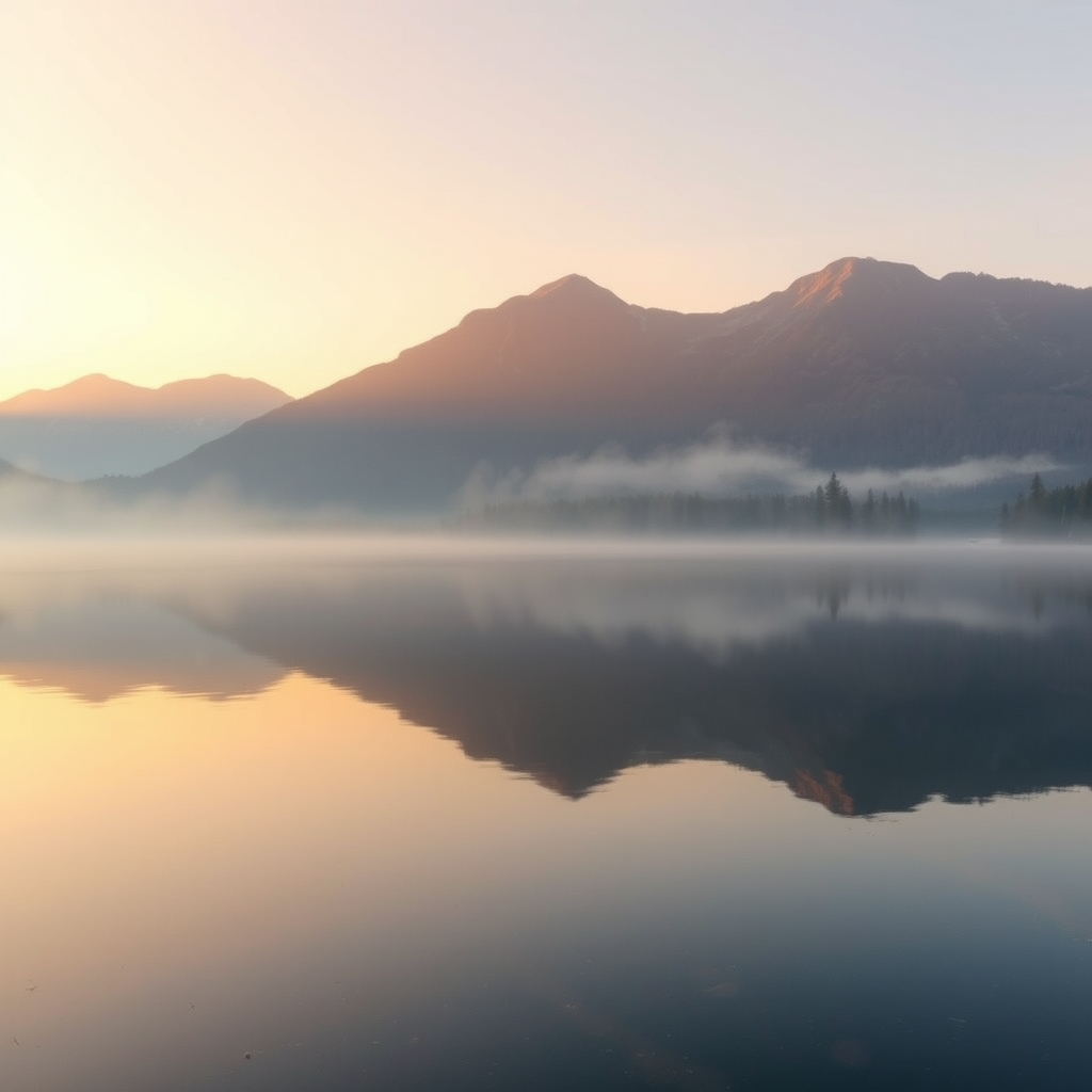 Serene lake with misty atmosphere and mountain reflection at sunrise.