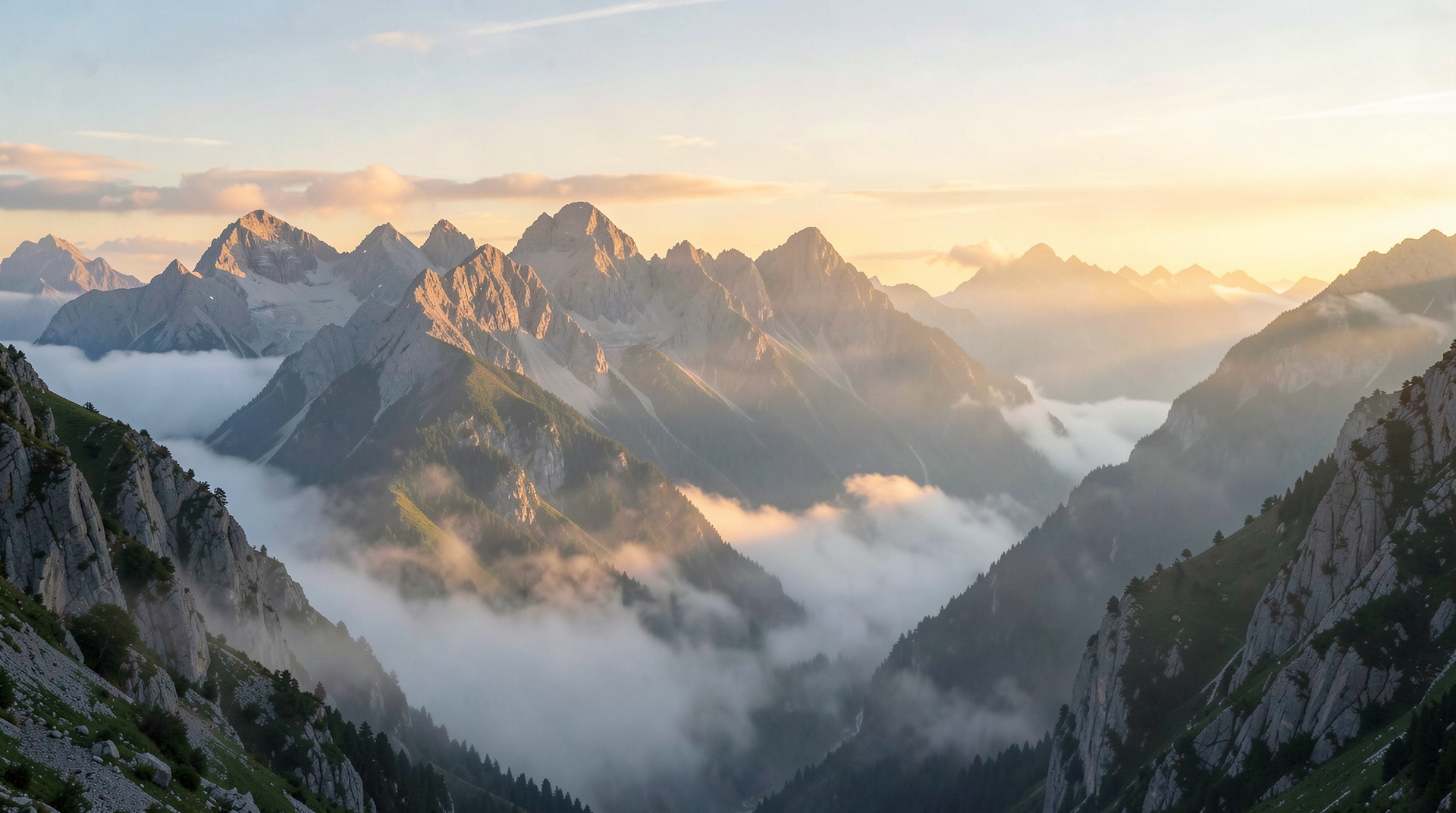 A majestic mountain range at dawn, with soft golden light and a serene composition.