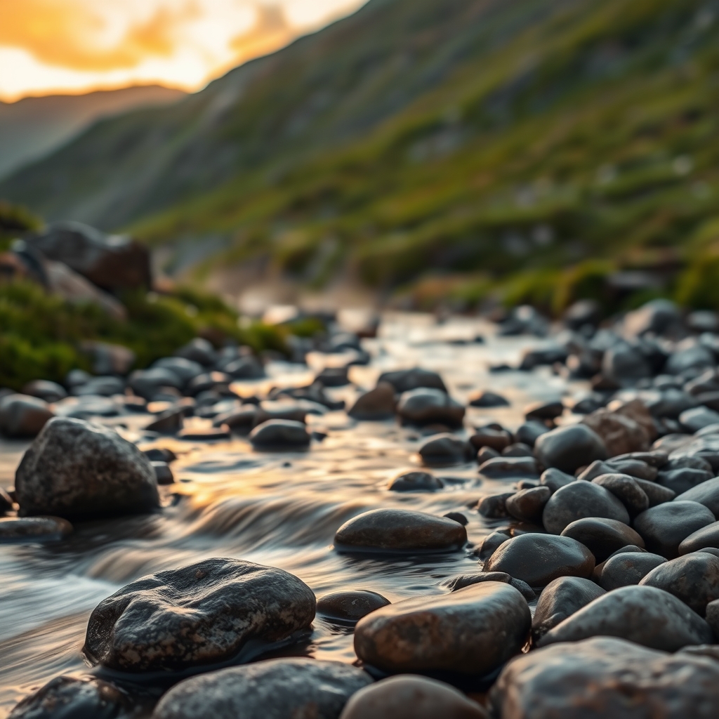 Serene mountain stream with rounded stones
