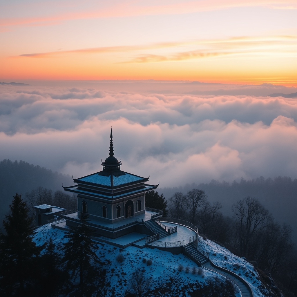 Serene mountain temple at sunset with misty atmosphere