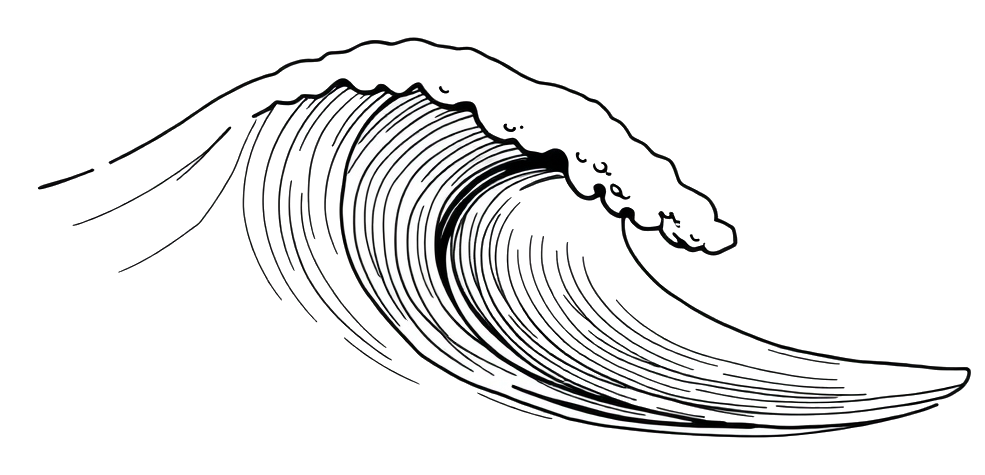 A black-and-white illustration of a wave with a foamy crest and fine lines, isolated on a white background.