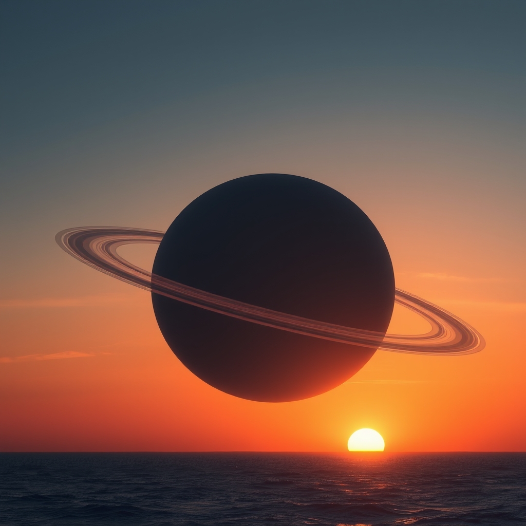 Serene planet with rings over distant horizon at sunset