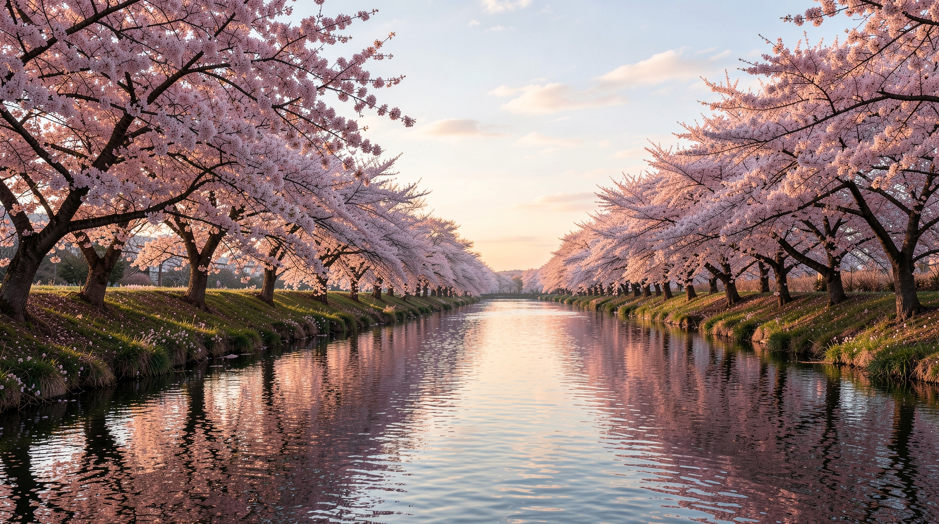 Serene river lined with blooming cherry blossoms