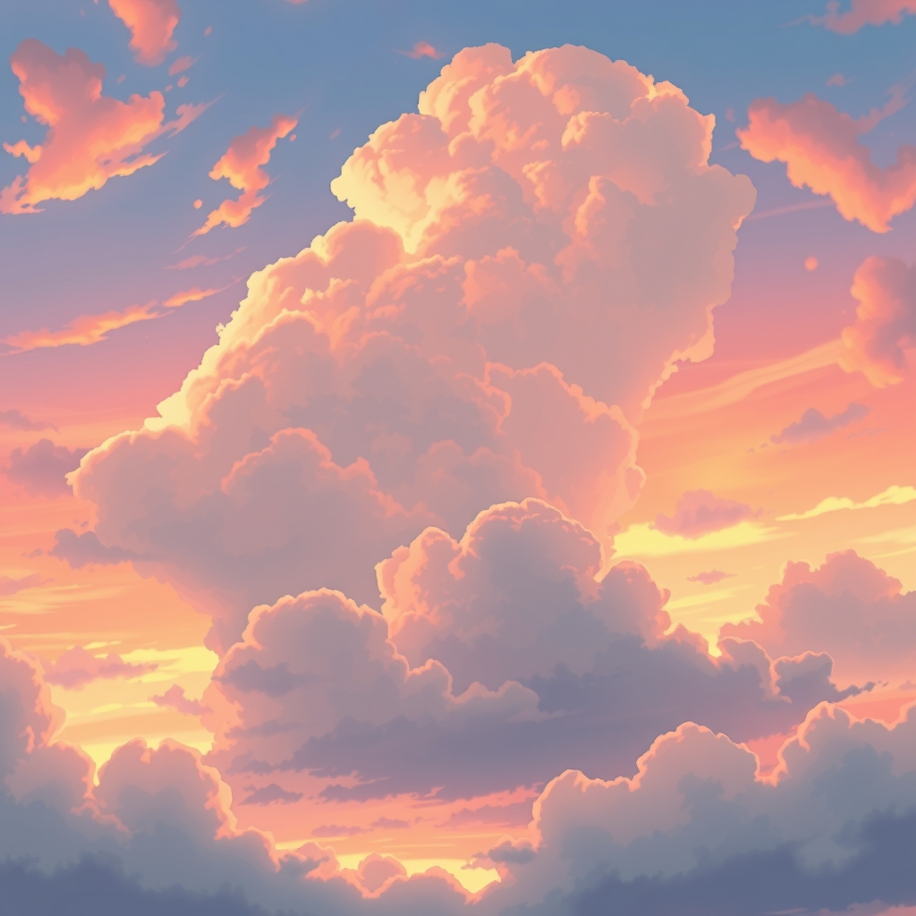 A serene anime-style sunset sky with fluffy clouds and vibrant colors