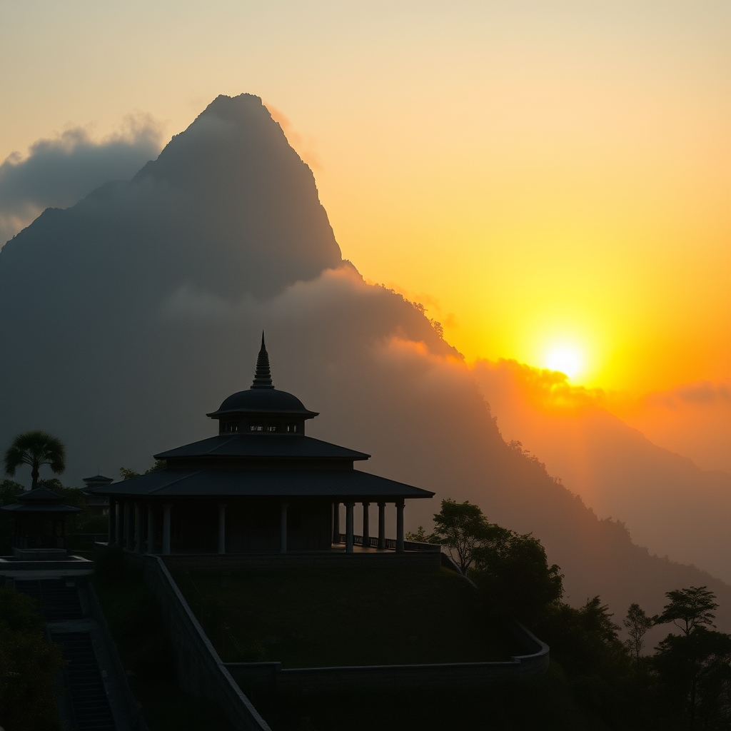 Serene mountain temple at sunset with misty atmosphere and mountain peak in the background.