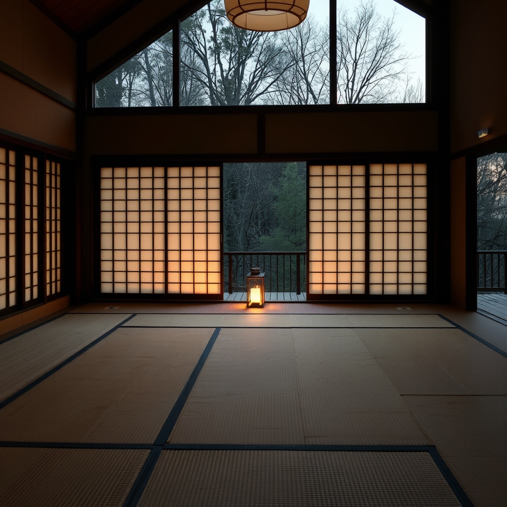 A serene tatami room with shoji screens and a lantern lit at dusk, evoking a sense of calm and relaxation.