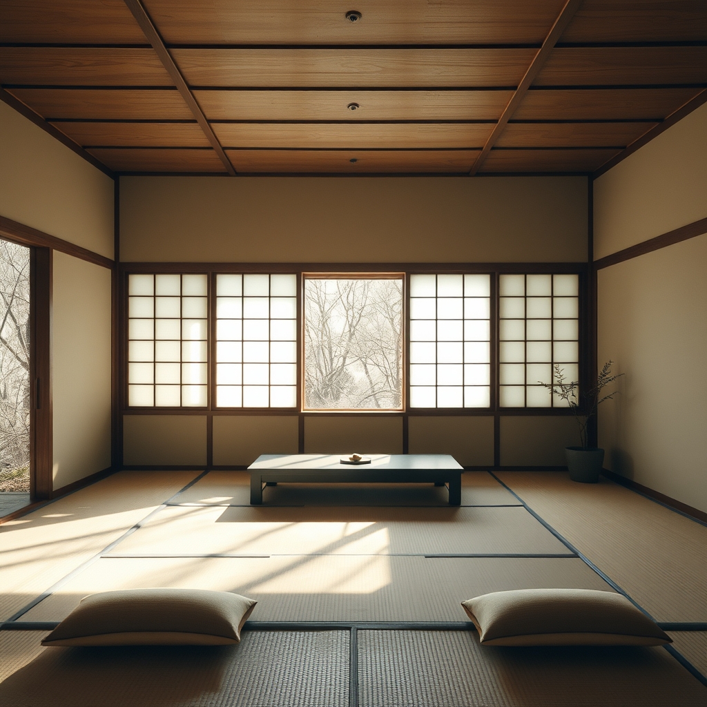 A serene tatami room with shoji screens, bathed in natural light, features minimal decor.