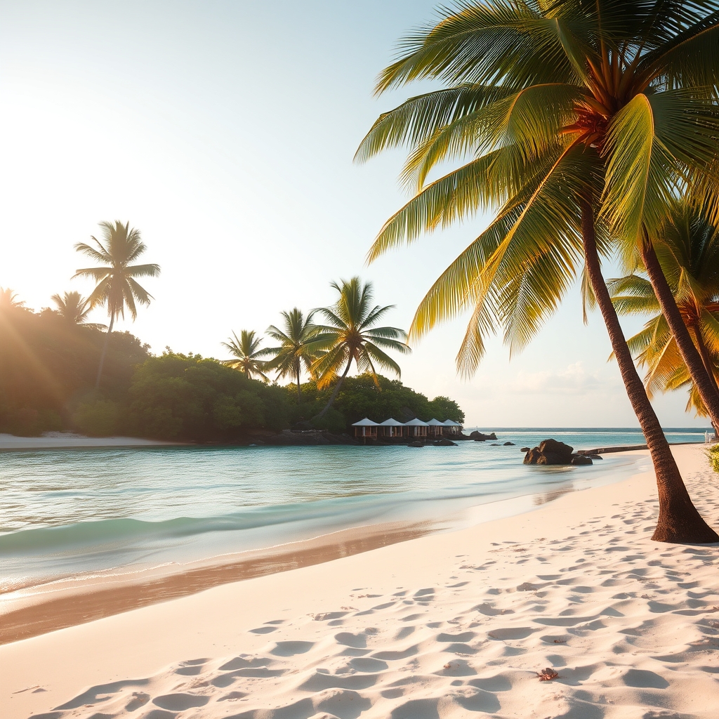 A serene tropical beach with turquoise water, palm trees, and soft white sand under warm sunlight.