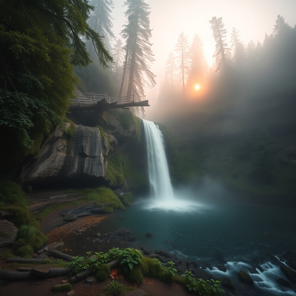 Serene waterfall in misty forest at sunrise with warm lighting