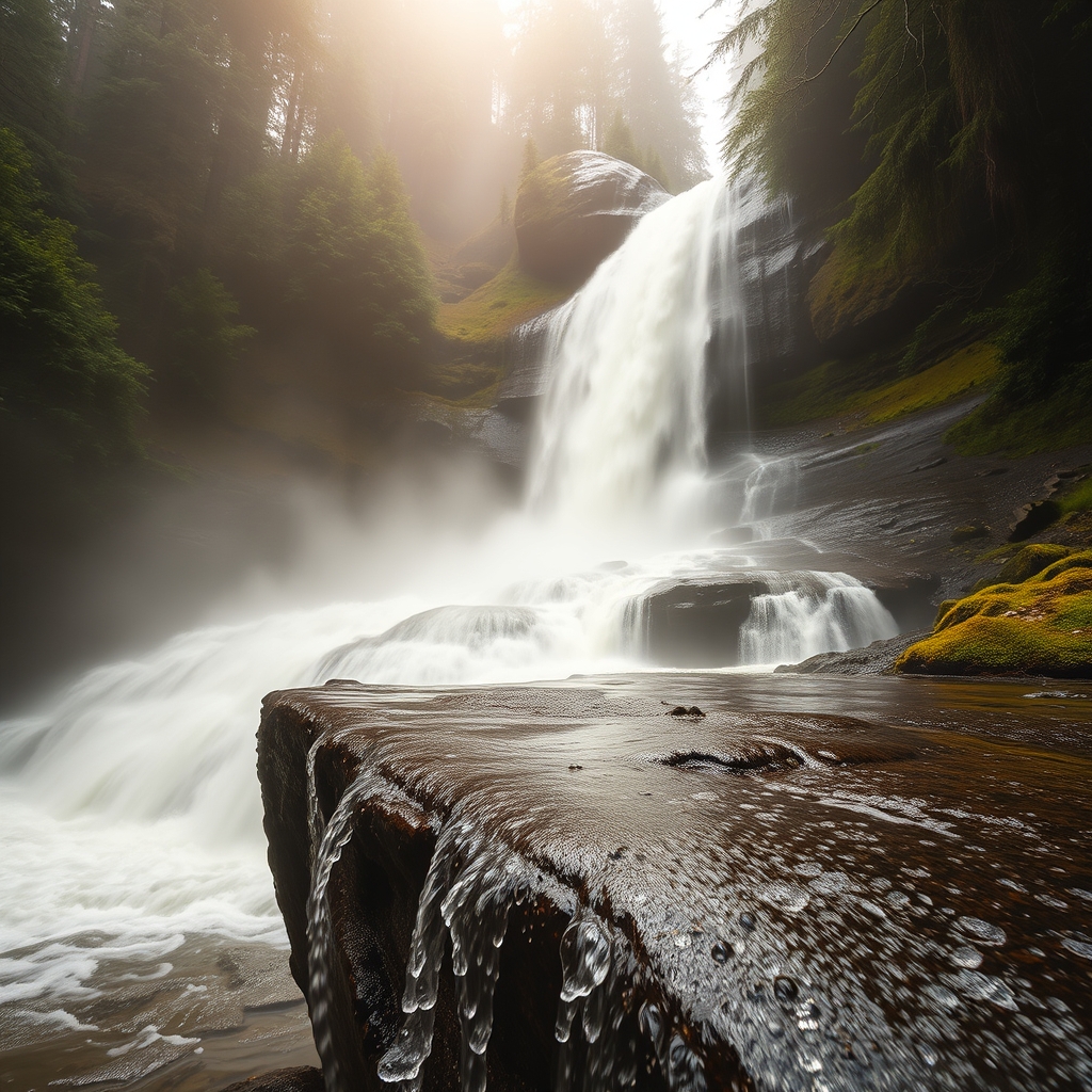 Serene waterfall in misty forest, close-up of falling water