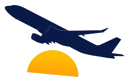 Silhouetted airplane taking off at sunset