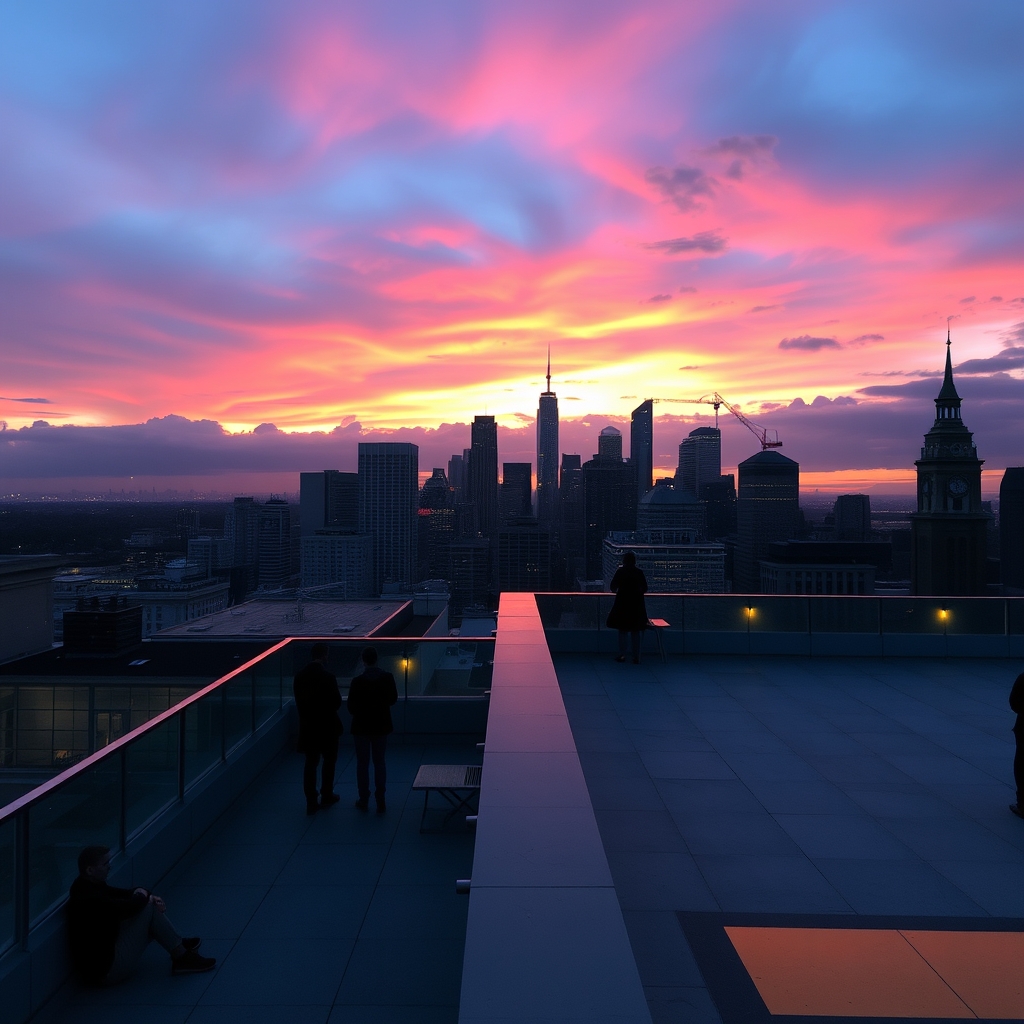 Rooftop at sunset with city skyline and silhouetted figures.