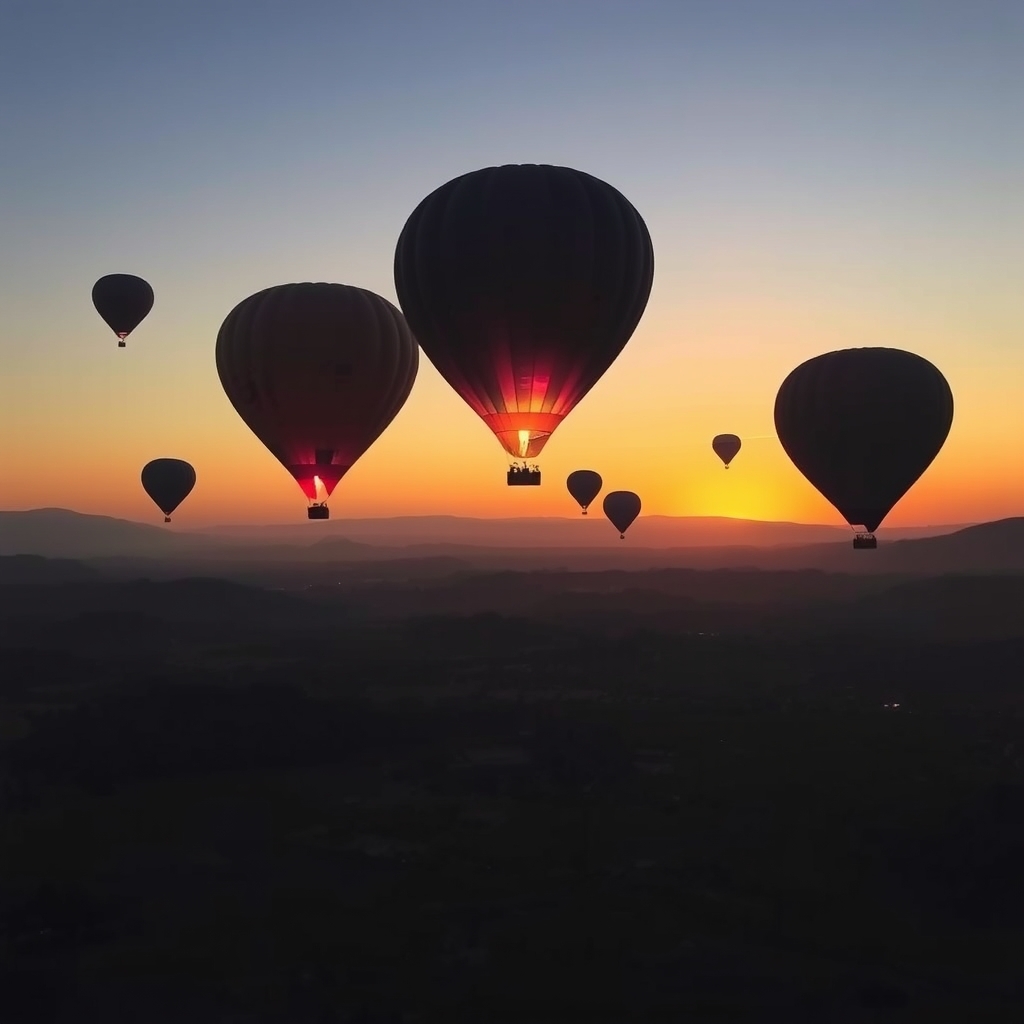 Hot air balloons soaring above a peaceful landscape at sunrise, with the warm light of dawn illuminating the scene.