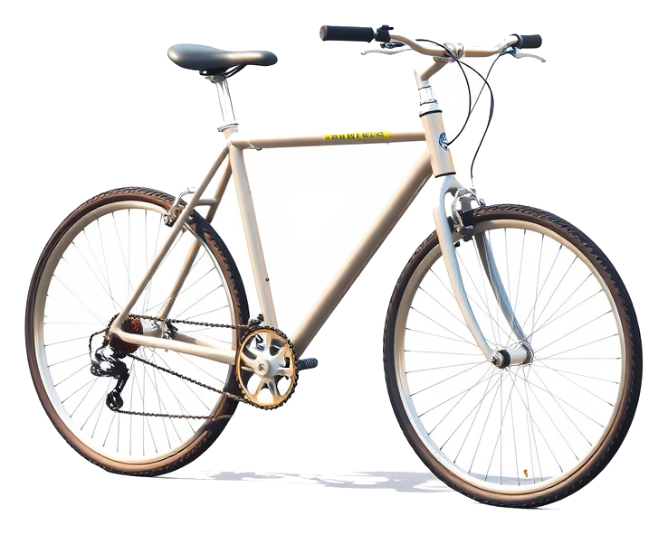 A silver bicycle on a quiet road, with soft natural light, viewed from the side, and featuring a minimalist style.