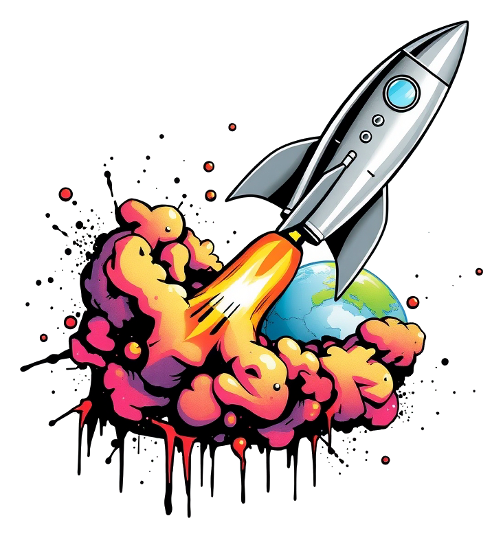 A silver rocket is soaring into a clear blue sky with sunlight, with the Earth in orbit around it.
