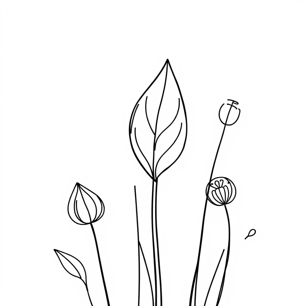 Simple line art of plants in a white background. Close-up of a single leaf