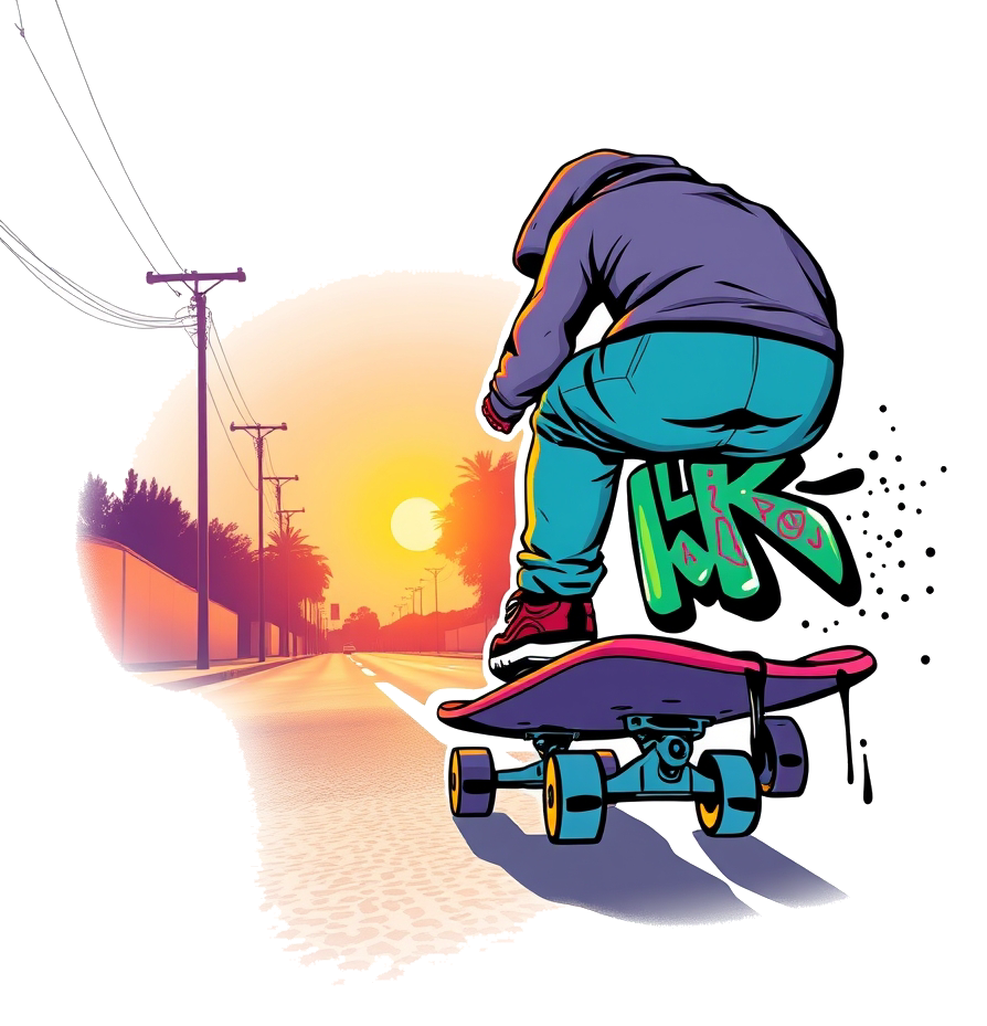 Skateboard on empty street at sunset