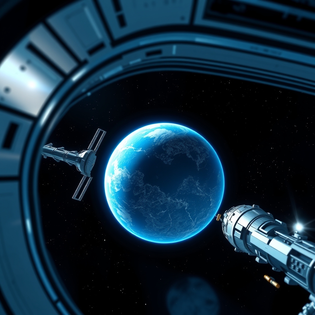 Space station in orbit around a vibrant blue planet, stars in background, sleek metallic design, dramatic lighting.