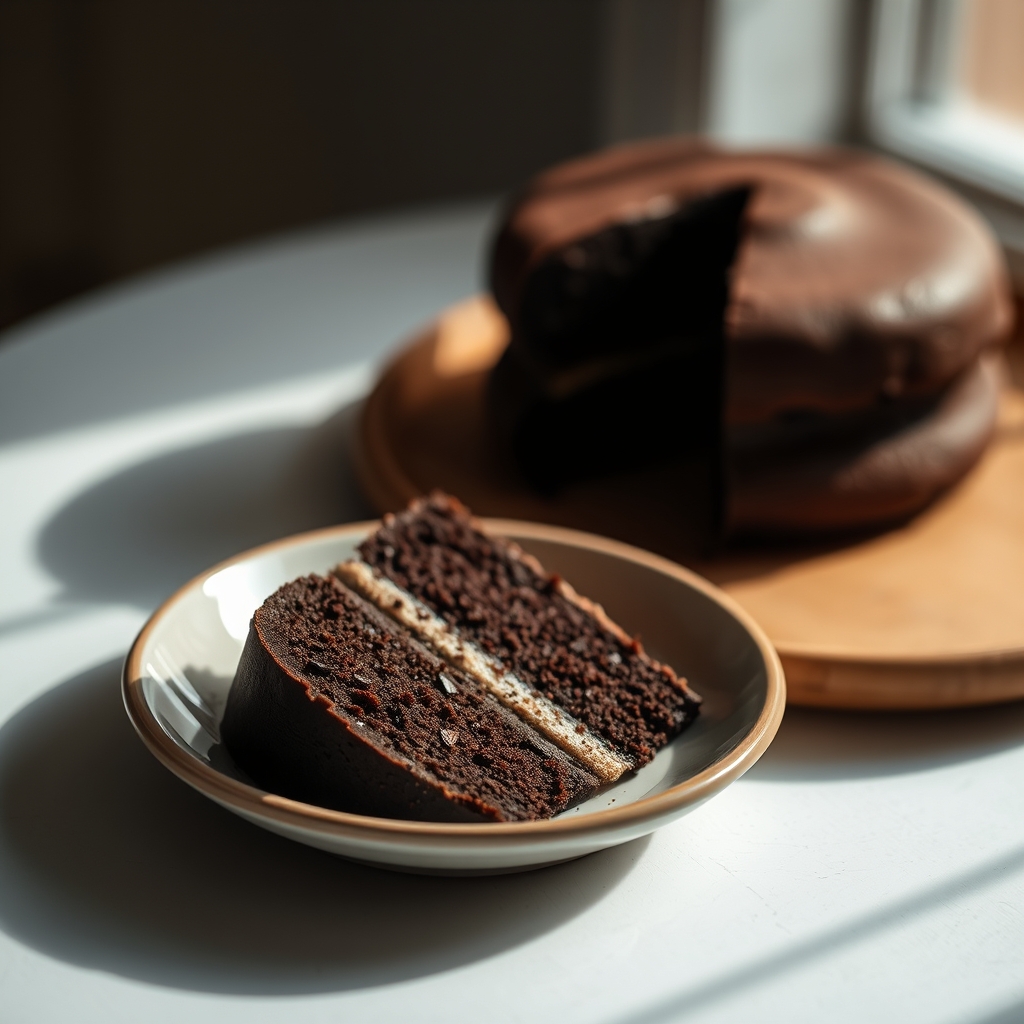 A slice of chocolate cake on a plate, with a warm and inviting atmosphere.