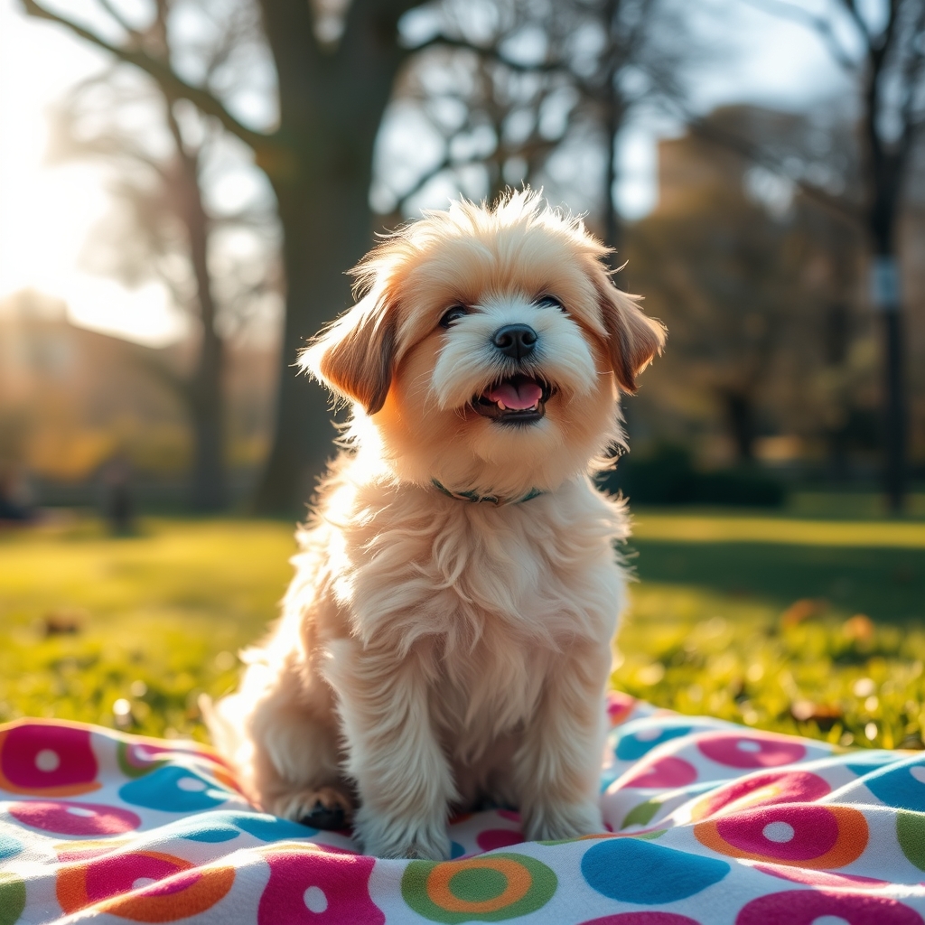 Small dog on a colorful blanket in a park on a sunny day.