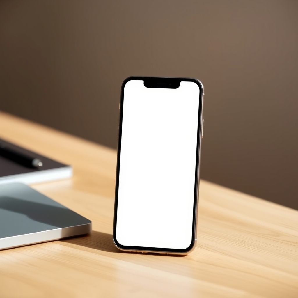 自然光が差し込む木製デスクの上のスマートフォン