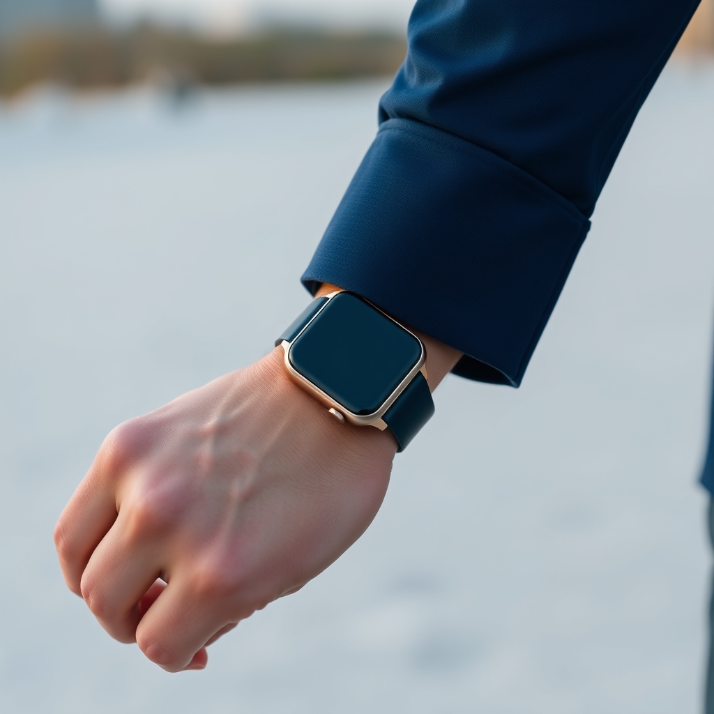 A wrist with a smartwatch in an outdoor setting, captured in soft light.