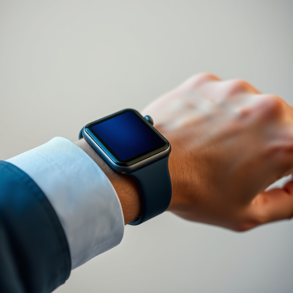 A smartwatch on a wrist, with a blue tone and minimalist background.