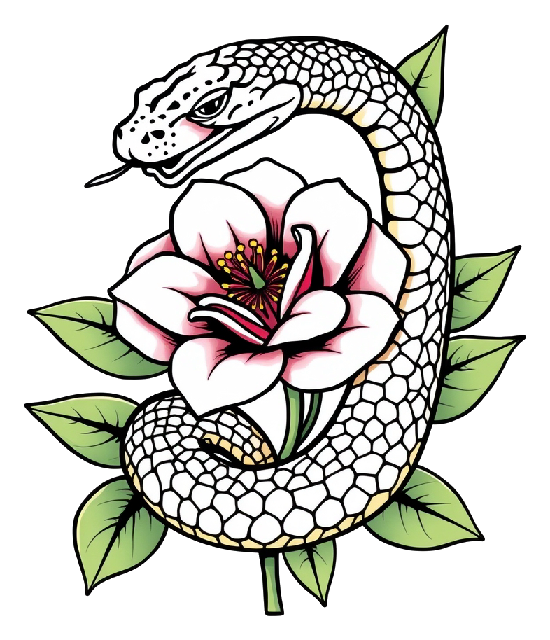 Snake and Flower in a serene composition with blooming flower and green leaves.